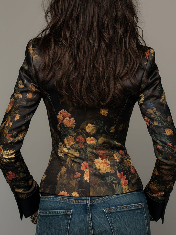 Chic Floral Print Satin Blazer with Elegant Oil Painting Design