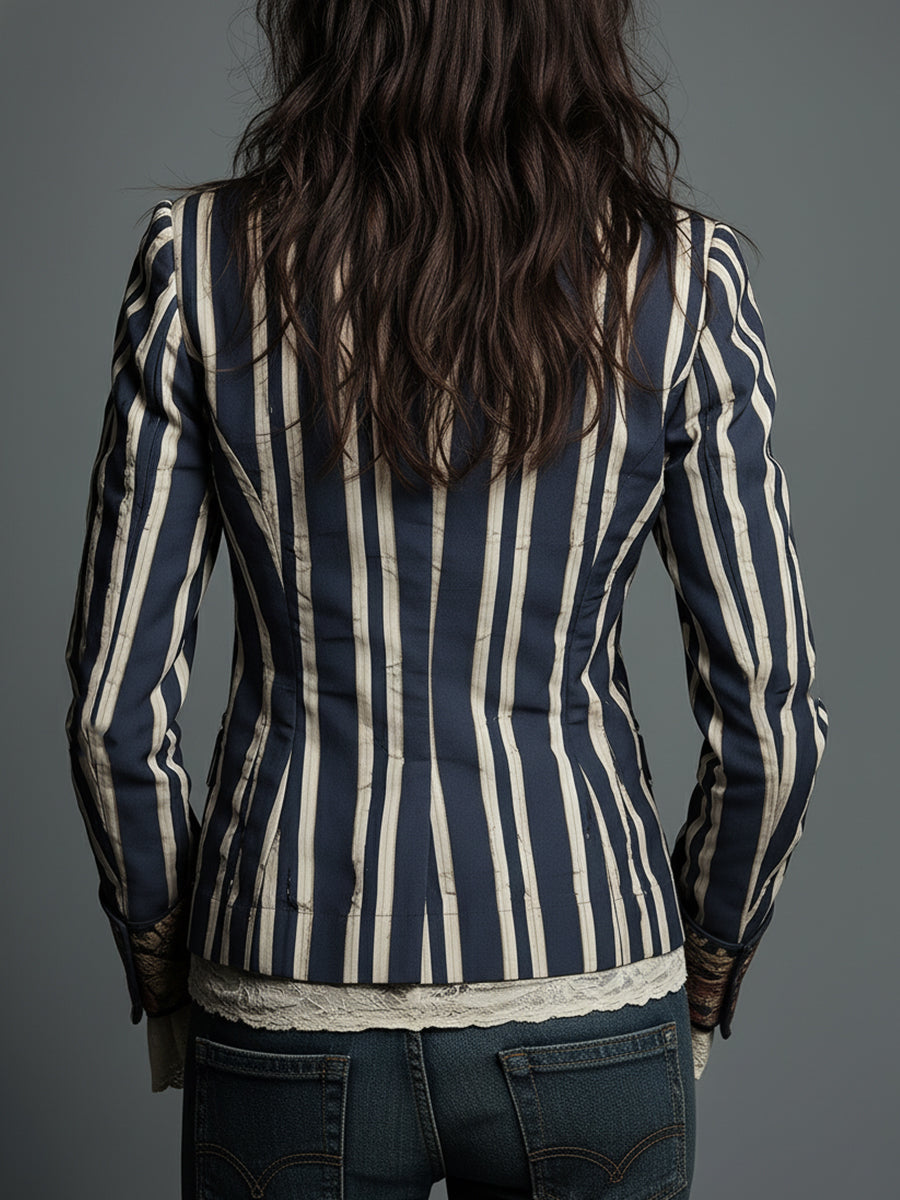Bohemian Striped Blazer with Floral Print in Cotton and Linen