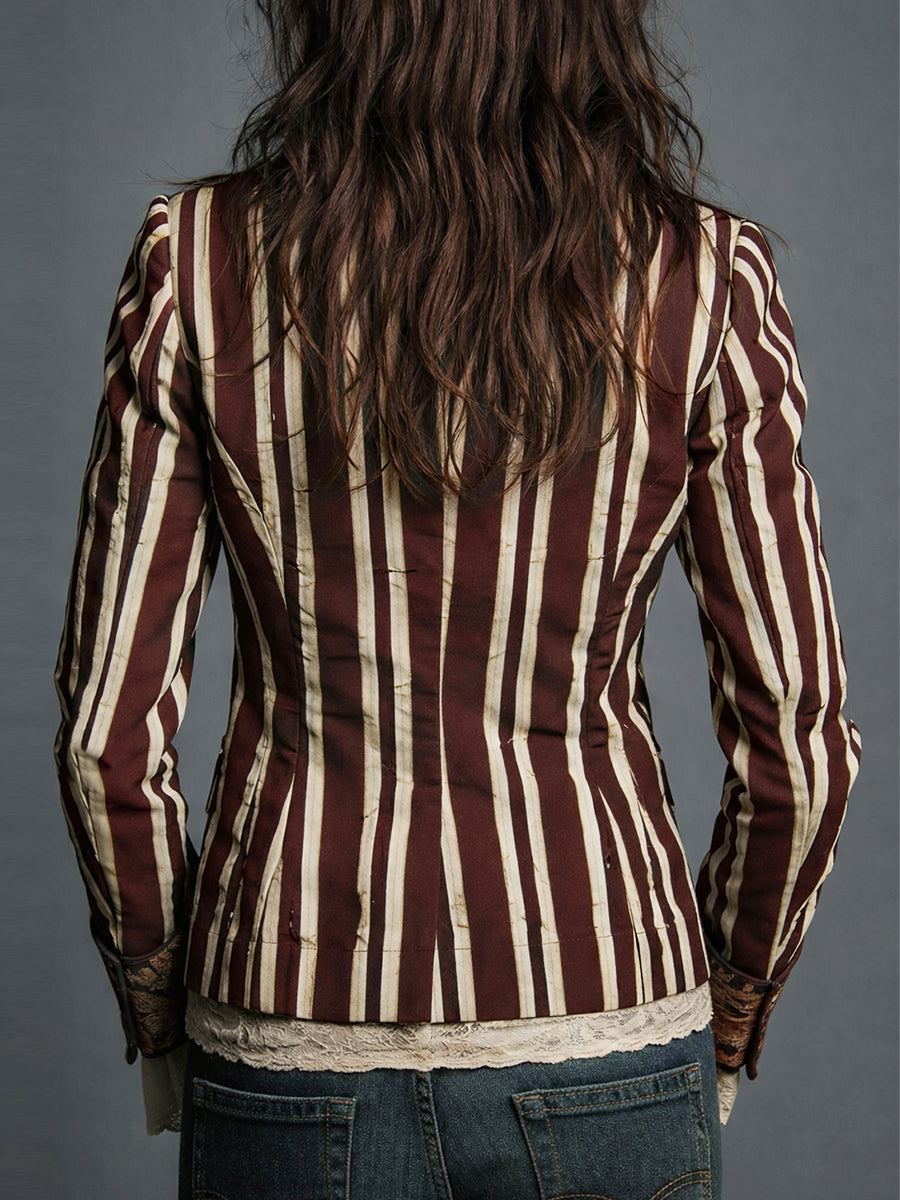 Bohemian Striped Blazer with Floral Print in Cotton and Linen