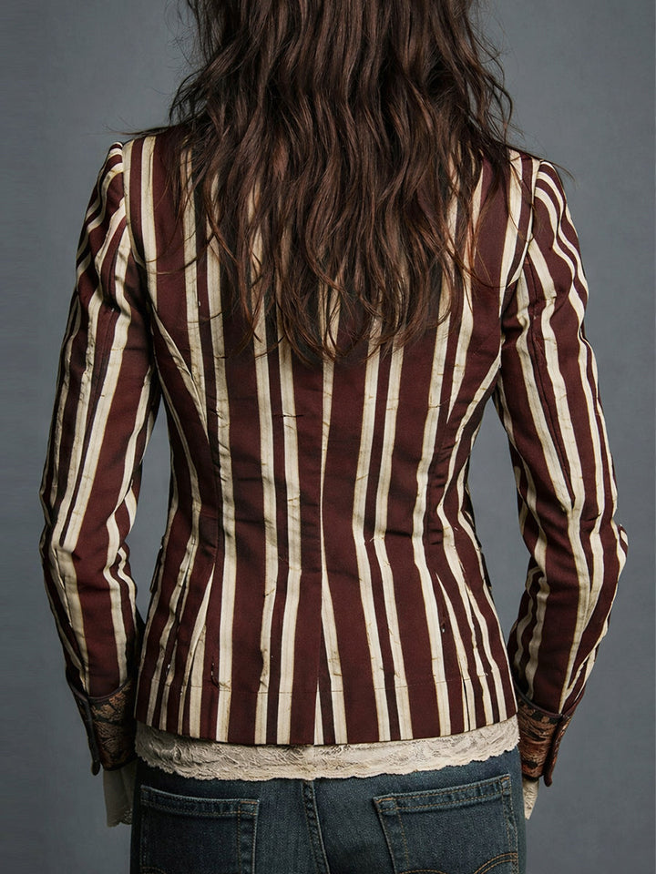 Bohemian Striped Blazer with Floral Print in Cotton and Linen