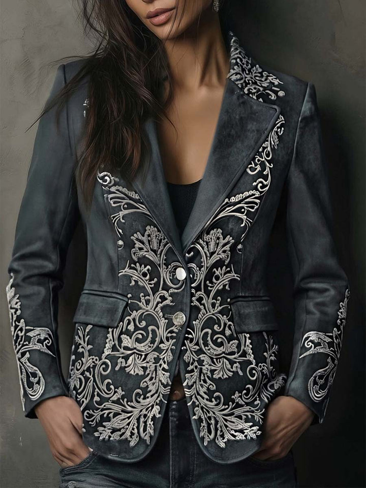 Charcoal Taupe Embossed Floral Eco-Suede Blazer