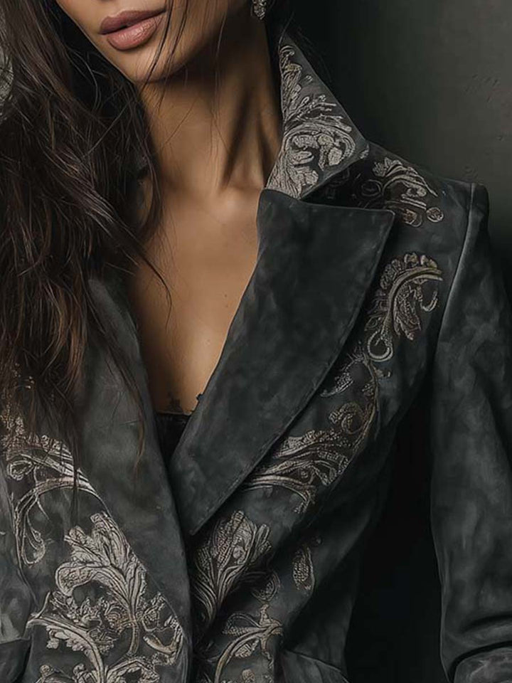 Charcoal Taupe Embossed Floral Eco-Suede Blazer