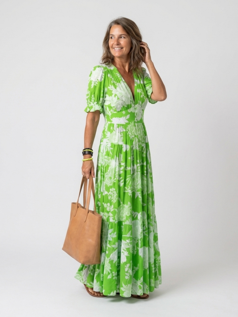 Ione | Short Sleeve V Neck Floral Midi Dress  donnas dresses