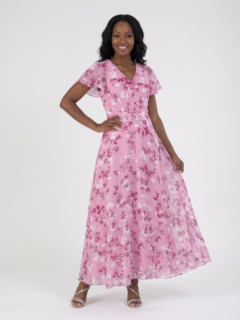 floral chiffon midi dress with sleeves Floral Printed Short Sleeves Maxi Dress Green / L
