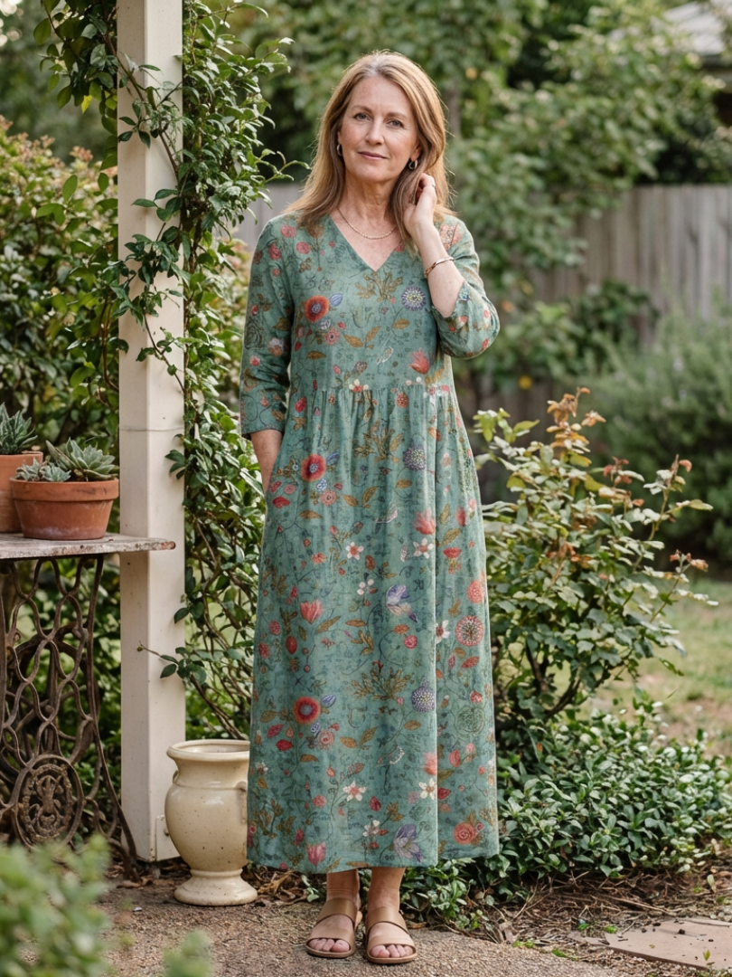 Marina | Floral V Neck Three Quarter Sleeve Maxi Dress  donnas dresses