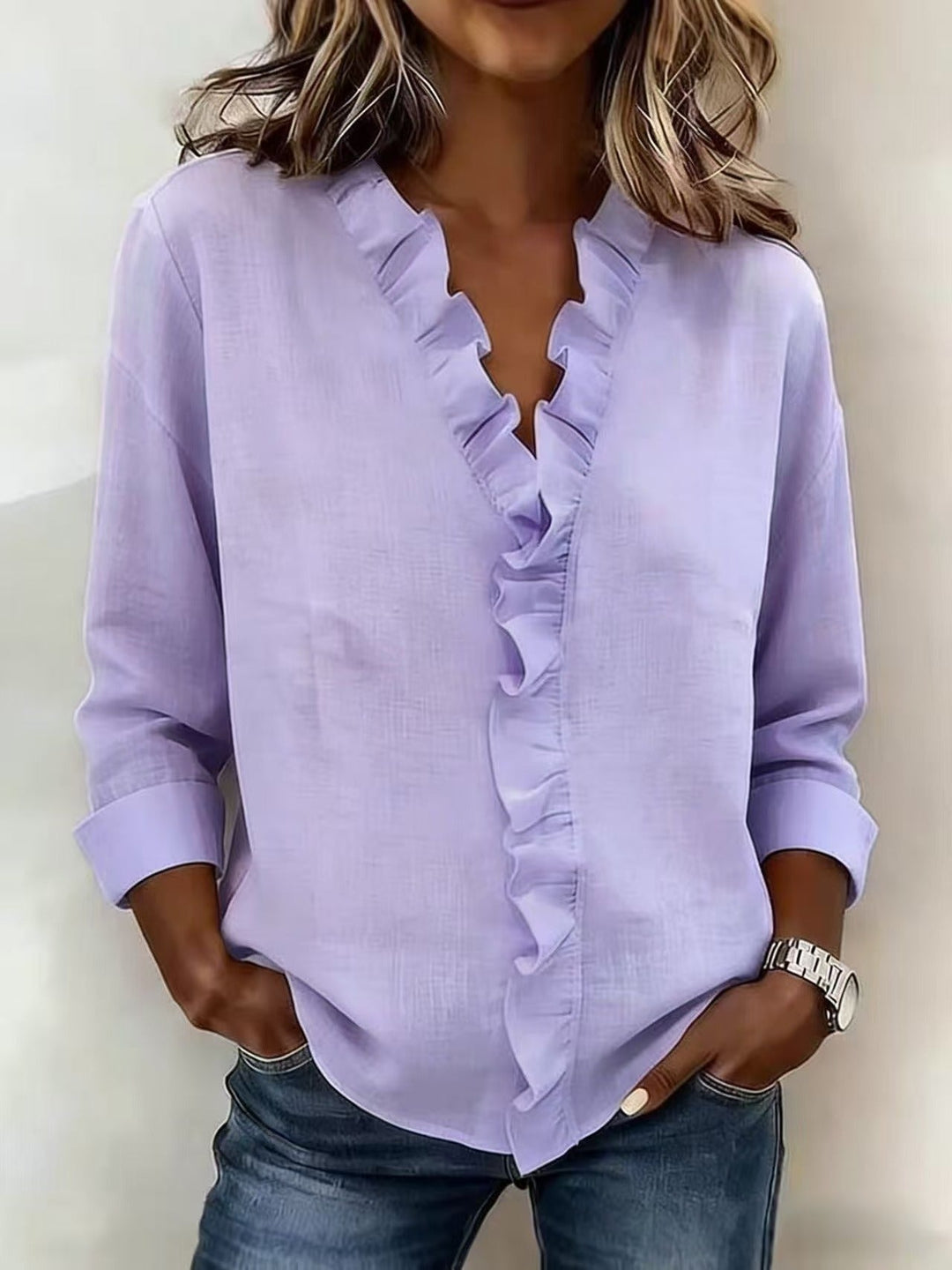 Cayla | Elegant V-neck Ruffles Blouse