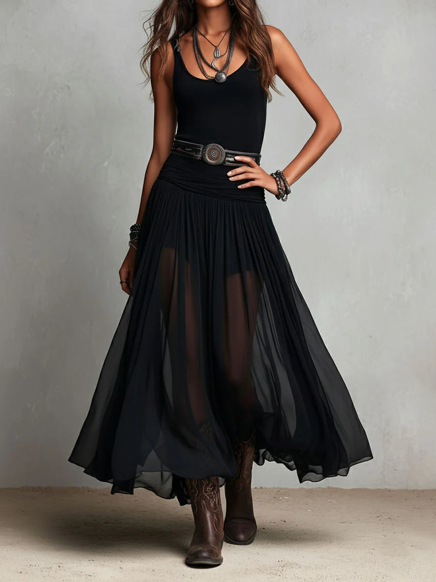 Black Sleeveless Tank Top With Tulle Skirt Maxi Dress (with belt)