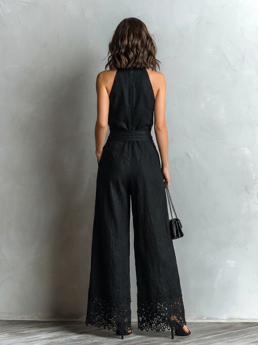 Black Lace-trimmed Wide-leg Pants Set