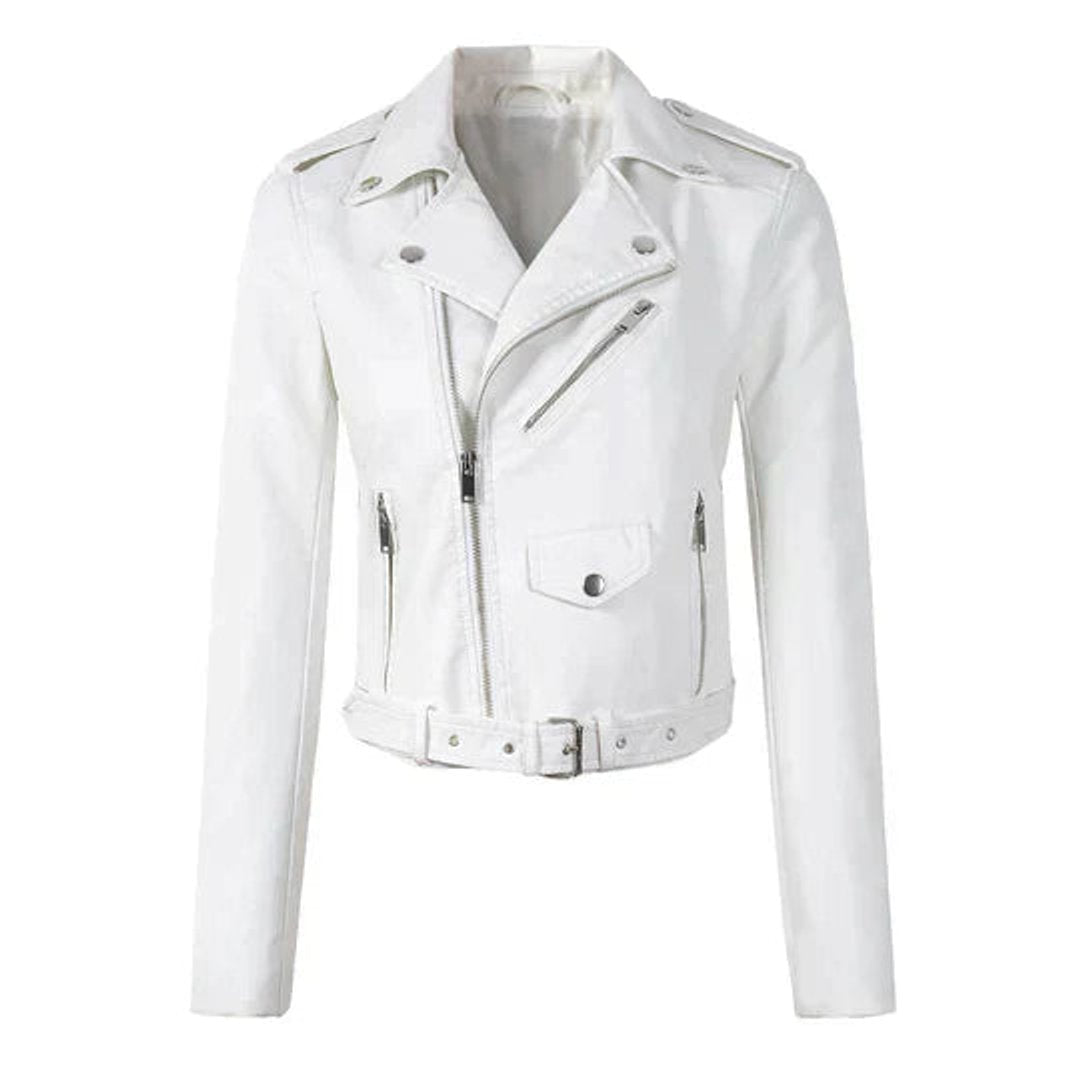 Aria | Women's Cropped Moto Faux Leather Jacket Belted Biker