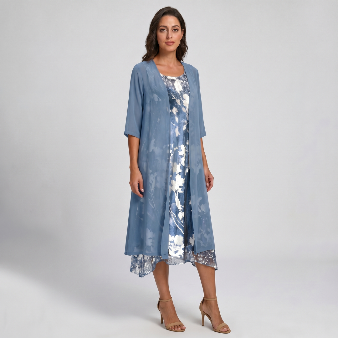ADELINE | Floral Midi Dress and Sheer Duster Two Piece Layered Elegant Set